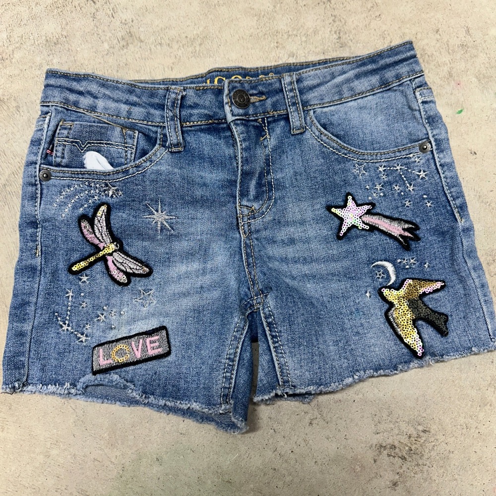 Vigoss Girls Size 12 Denim Shorts Blue Distressed Embellished Applique Jean